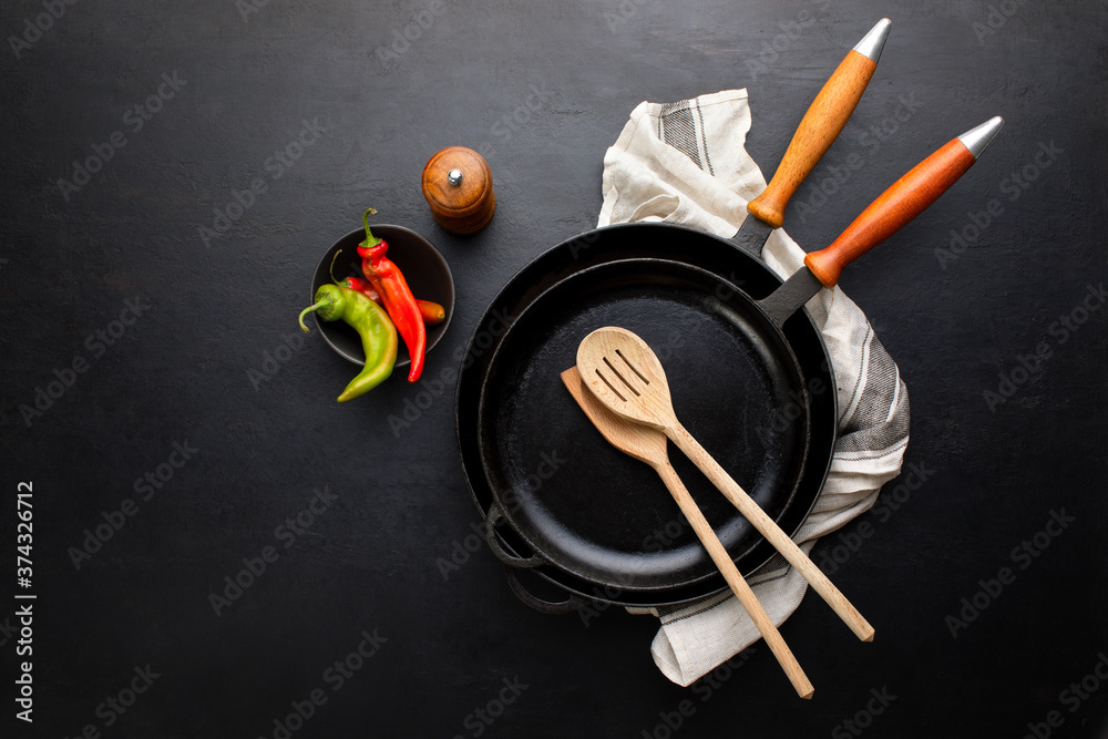 Wall mural kitchen utensils culinary concept, top down view, copy space for a text