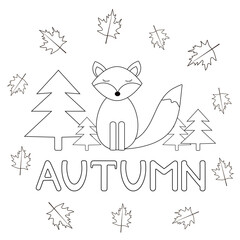 Autumn coloring page with cute fox.