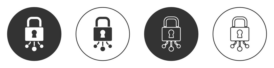 Black Cyber security icon isolated on white background. Closed padlock on digital circuit board. Safety concept. Digital data protection. Circle button. Vector.