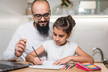 Naklejka premium Adult dad or teacher and happy cute preschool school child girl daughter study together learn write. 