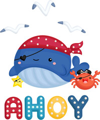 a cute whale wearing a pirate costume with a little crab beside it