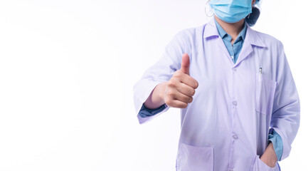 Professional young woman doctor wear uniform coat and mask with stethoscope while showing thumb up for good job over isolated white background. Healthy care and medical concept.