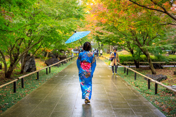 young girl tourist wearing blue kimono and umbrella took a walk in park