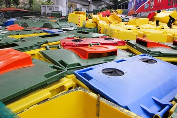 Fototapeta na wymiar Plastic garbage bins discarded and stacked - Athens, Greece, November 01 2019.