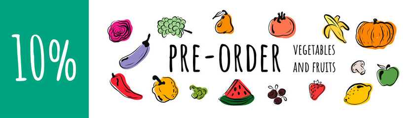 pre-order vegetables and fruits horizontal banner with colorful compositions of whole and sliced fresh vegetables and fruits in a realistic vector illustration style. banner with the discount space