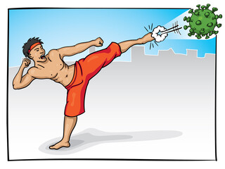 Kung Fu Fighter Kicks Coronavirus - Vector Cartoon Illustration 2