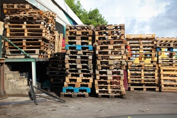 Pallets stacked outside a warehouse in Athens, Greece, November 8 2019.