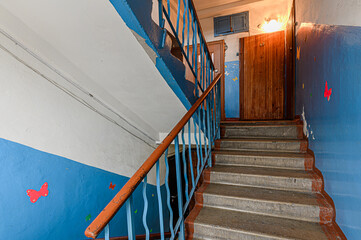 Russia, Moscow- February 15, 2020: interior public place, house entrance. doors, walls, staircase corridors