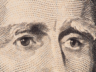 President Andrew Jackson eyes extreme macro on us 20 dollar bill, united states money closeup