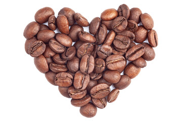 heart of coffee beans on a white background, isolate