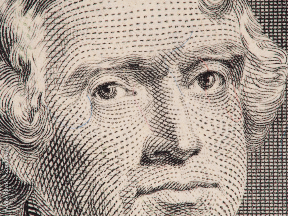 Wall mural Thomas Jefferson face on us two dollar bill closeup macro, united states money