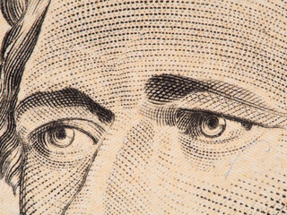 Alexander Hamilton eyes extreme macro on US 10 dollar bill, united states money closeup, 2013 series