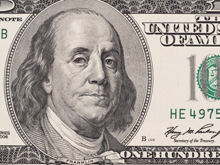 Founding father Benjamin Franklin portrait on US 100 dollar bill, united states money
