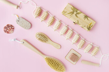 Concept of Spa-cosmetic and cosmetic procedures. Spa-sea salt, wooden comb, massager,...