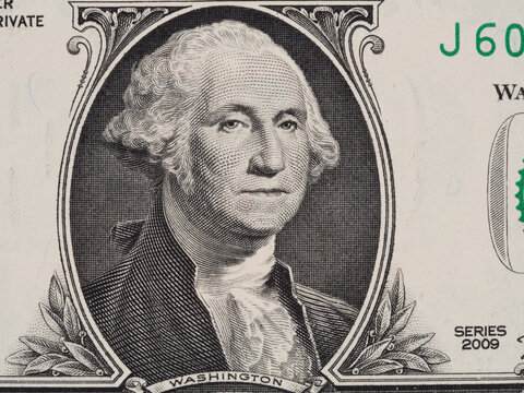 George Washington portrait on the one dollar bill closeup macro, series 2009