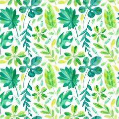 Mix of exotic jungle leaves, monstera leaves, banana leaves, foliage, plants  flora.  Summer season mood seamless pattern. Tropical exotic greens watercolor illustration. Wallpaper, wrapping paper 
