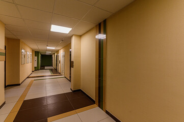 Russia, Moscow- February 15, 2020: interior public place, house entrance. doors, walls, staircase corridors