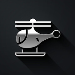 Silver Helicopter aircraft vehicle icon isolated on black background. Long shadow style. Vector.