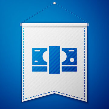 Blue Stacks paper money cash icon isolated on blue background. Money banknotes stacks. Bill currency. White pennant template. Vector.