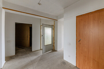 Russia, Moscow- February 15, 2020: interior room rough repair for self-finishing. interior decoration, bare walls of the premises, stage of construction