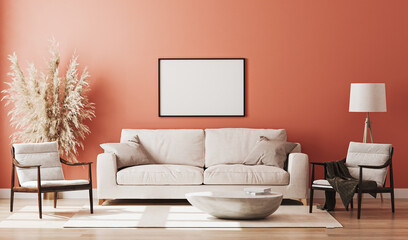 Blank picture frame mock up in red room interior , 3d rendering