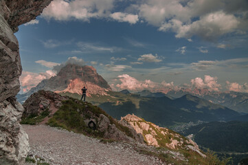 Monte Pelmo at sunset, isolated mountain, resembling a giant trapezoid, as seen from Rifugio Coldai, stage seven of Alta Via 1 classic trek in the Dolomites, province of Belluno, South Tirol, Italy.