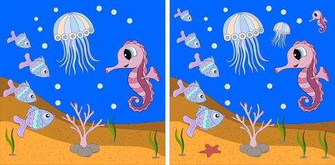 Jellyfish, fishes and seahorse swim in the sea. Need to find 5 differences.