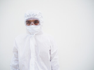 Closeup of asian male doctor or scientist in PPE suite uniform. coronavirus or COVID-19 concept isolated white background