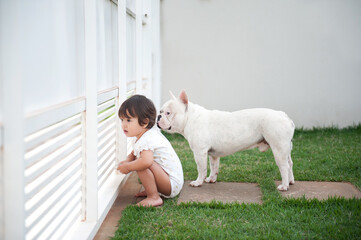 .Child looking at street through the gate with his dog friend French bulldog.