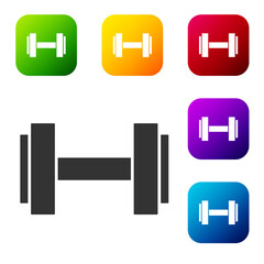 Black Dumbbell icon isolated on white background. Muscle lifting icon, fitness barbell, gym, sports equipment, exercise bumbbell. Set icons in color square buttons. Vector.