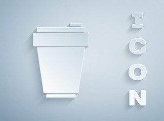 Paper cut Fitness shaker icon isolated on grey background. Sports shaker bottle with lid for water and protein cocktails. Paper art style. Vector.