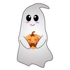 Ghost holding pumpkin .Happy Halloween concept , 3d illustration