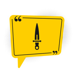 Black Dagger icon isolated on white background. Knife icon. Sword with sharp blade. Yellow speech bubble symbol. Vector.