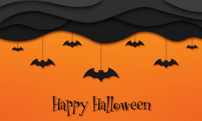 Happy Halloween - Hintergrund in Papierschnitt, Wolken und Fledermäuse hängen von der Decke. Orange/Schwarz Banner, Freisteller. Typografie