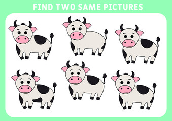 Children's educational game. Find two same pictures. Set of funny bulls, for the game find two same pictures. Vector illustration.