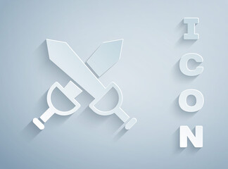 Paper cut Crossed medieval sword icon isolated on grey background. Medieval weapon. Paper art style. Vector.