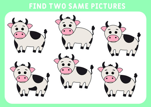 Children's educational game. Find two same pictures. Set of funny bulls, for the game find two same pictures. Vector illustration.
