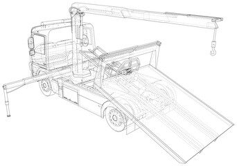Vector Wire-frame tow truck. The layers of visible and invisible lines are separated. EPS10 format. Vector created of 3d.