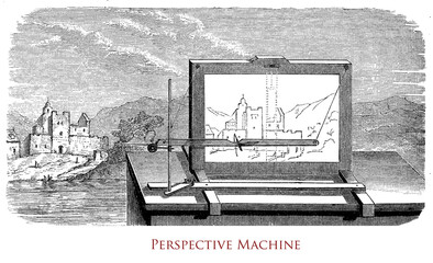 Perspective machine, mechanical instrument designed to help artists create perspective drawings, made by a wooden frame with a taut string passing through it to represent the viewer's line of sight.