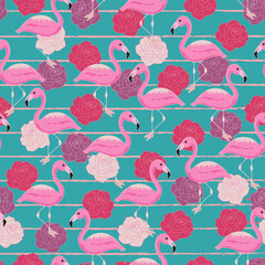 A seamless repeat pattern of flamingoes and roses.