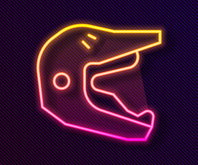 Glowing neon line Motocross motorcycle helmet icon isolated on black background. Vector Illustration.