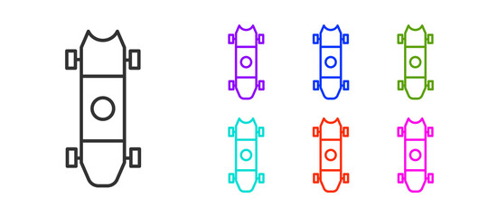 Obraz premium Black line Longboard or skateboard cruiser icon isolated on white background. Extreme sport. Sport equipment. Set icons colorful. Vector Illustration.