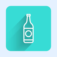 White line Beer bottle icon isolated with long shadow. Green square button. Vector Illustration.