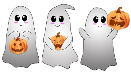 Ghost holding pumpkin .Happy Halloween concept , 3d illustration