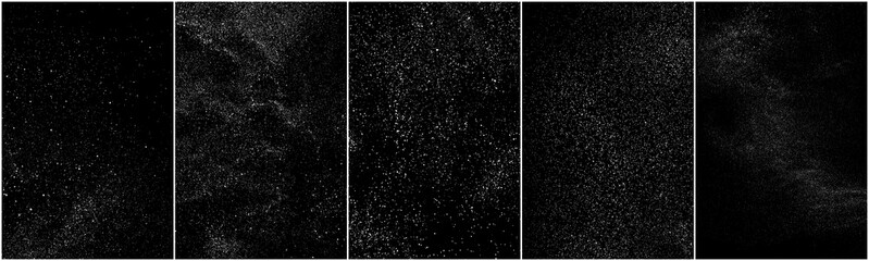 Set of distressed white grainy texture. Dust overlay textured. Grain noise particles. Snow effects pack. Rusted black background. Vector illustration, EPS 10.   