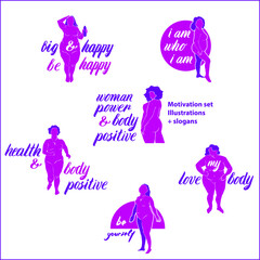 Set of flat vector images of plus-size women silhouettes with hand-drawn body positive slogans. Isolated figures on white background.