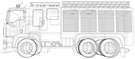 Fire Engine vector. Fire truck. Wire-frame. The layers of visible and invisible lines are separated. EPS10 format.