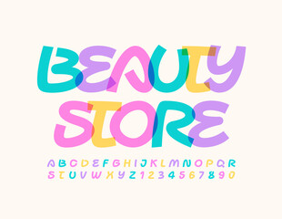 Vector colorful emblem Beauty Store. Creative bright Font. Artistic Alphabet Letters and Numbers set