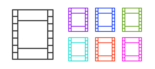 Black line Play Video icon isolated on white background. Film strip sign. Set icons colorful. Vector Illustration.