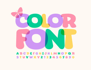 Vector color Font with Decorative Butterfly. Bright creative Alphabet Letters and Numbers set